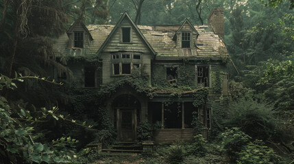 A creepy abandoned house in a forest with overgrown vegetation and a spooky vibe.
