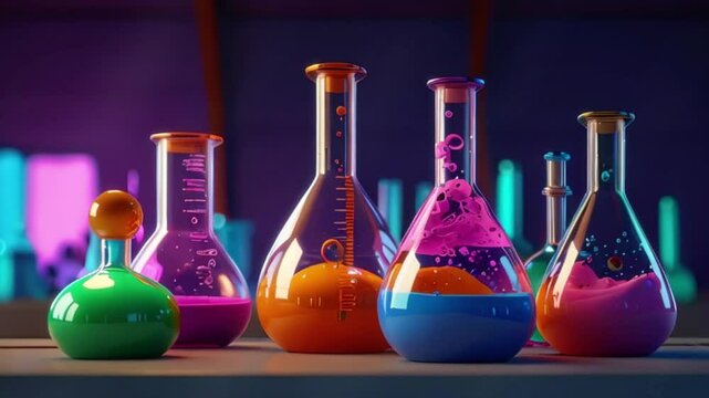 Surreal Lab: Vibrant digital art featuring laboratory glassware with colorful liquids. A large round-bottom flask with a pump holds swirling green and orange liquid. Other flasks and beakers add pink.