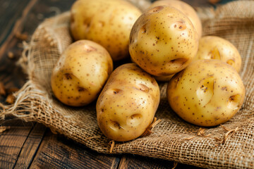 Farm grown white potatoes on the sackcloth and wooden surface