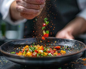 a person sprinkling seasoning on a plate of food