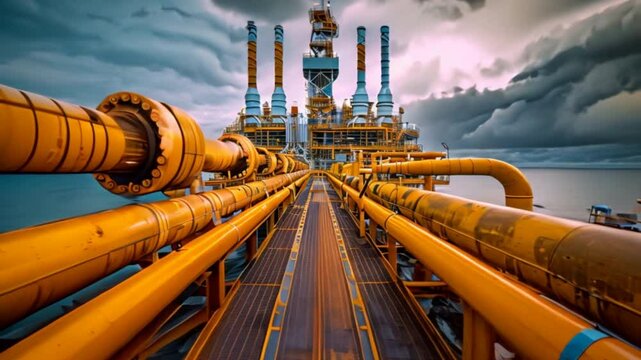 Pipework and exhaust stack at offshore oil and gas central processing platform. 