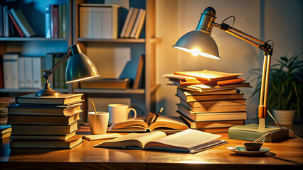 A cluttered desk with open books, scattered notes, and a single lit lamp, conveying a sense of exhaustion and disinterest in learning.