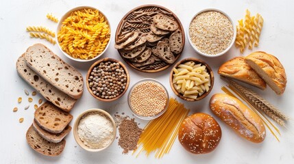 Assortment of breads pasta and grains on white surface