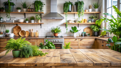 Fototapeta premium A rustic wooden table top adorned with lush green plants sits against a soft focus kitchen counter background, exuding warmth and natural serenity.