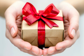 Hands Holding Gift Box with Red Ribbon for Special Occasions and Holiday Celebrations