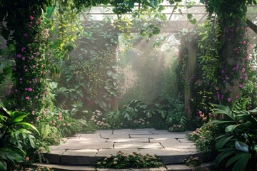 An open-air stage with a backdrop of lush, green foliage and cascading flowers. The stage floor is made of natural stone, and soft, natural light filters through.