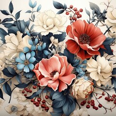 A Vintage Print Featuring Blue and Red Botanical Pattern