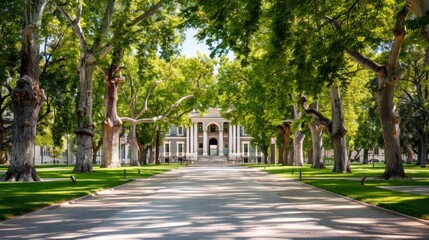 Obraz premium Elegant tree-lined driveway leading to a grand mansion with lush greenery, perfect for real estate or luxury property imagery.