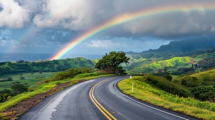 Scenic mountain road with a stunning rainbow and lush green landscape under a cloudy sky, offering a picturesque and tranquil view.