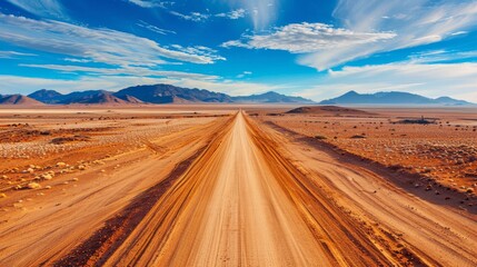Straight desert road extending into mountains with clear blue sky and white clouds, showcasing natural beauty and endless adventure.