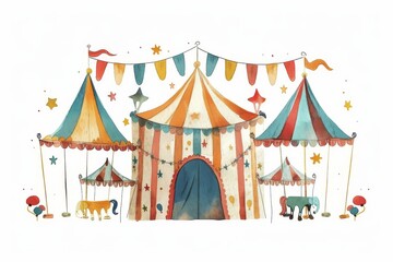 A whimsical illustration of a circus with striped tents and stars. Children's Book Illustration