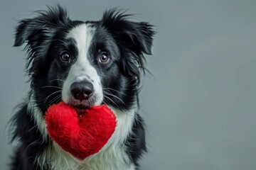 Fototapeta premium Happy black and white border collie dog holding a red heart-shaped toy