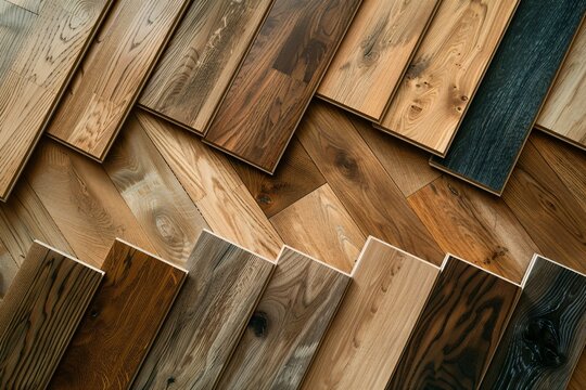 Array of natural-colored laminate and parquet floor samples, presented on oak wood.