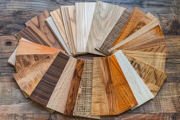 Array of natural-colored laminate and parquet floor samples, presented on oak wood.