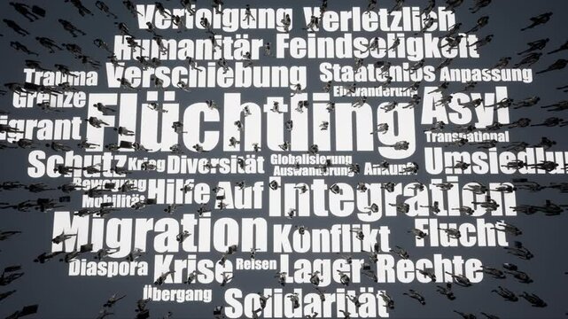 Refugee Migration With German Word Cloud And People Crowd