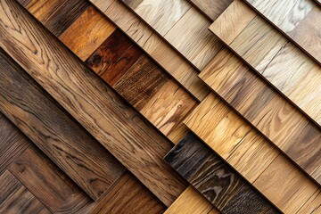 Array of natural-colored laminate and parquet floor samples, presented on oak wood.