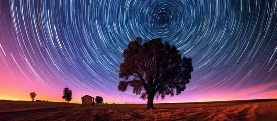 Star Trails Over a Solitary Tree in the Countryside