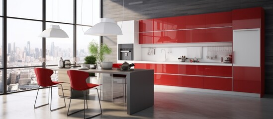 Modern Kitchen with Red Cabinets and City View
