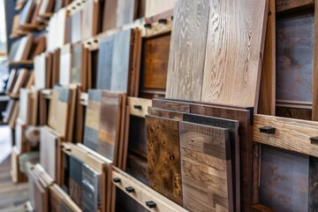 Display of square-shaped wood laminate and vinyl tile samples.