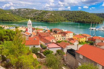 Aerial view of small town Skradin on the Krka River in Dalmatia, Croatia