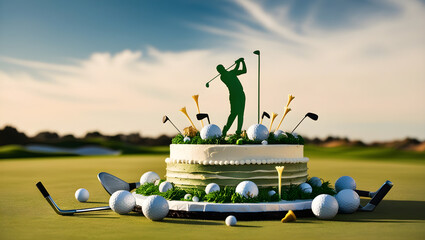 A vibrant and colorful photograph featuring a mouth-watering, multi-tiered birthday cake adorned with edible golf-themed decorations, generative ai