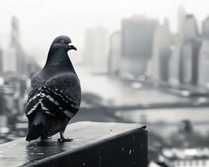 a black and white photo of a pigeon on a ledge