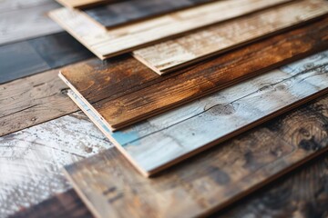 Square samples of wood laminate flooring and vinyl tiles.