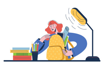 Girl preparing school bag and put books, and stationery into a backpack. Back to school concept
