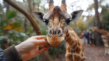 Naklejka premium Close-Up of a Giraffe Being Fed