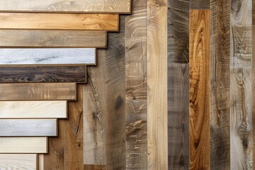 Selection of natural tone parquet and laminate floor samples set against an oak wood backdrop.