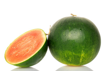 One sweet watermelon half and one whole, isolated on white background.
