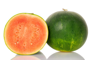 One sweet watermelon half and one whole, isolated on white background.