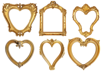 Set of classic golden frames, arranged in a heart shape on a white background