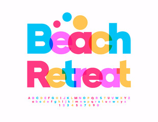 Vector travel banner Beach Retreat. Modern Colorful Font. Bright Alphabet Letters and Numbers set.