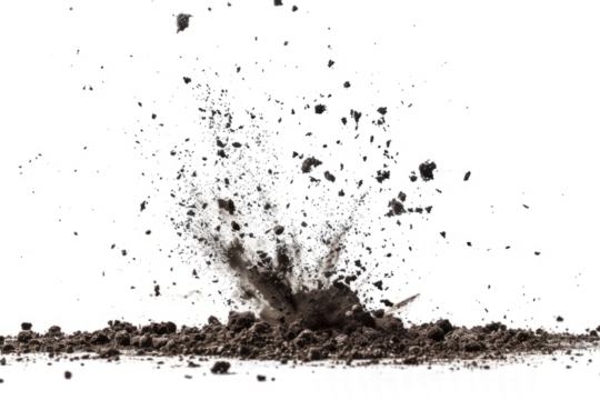 Scattered soil particles forming a starburst pattern in mid-air, set against a white backdrop