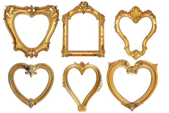 Set of classic golden frames, arranged in a heart shape on a white background