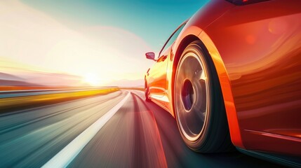 A red car is speeding down a road with the sun setting in the background