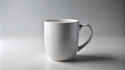 Obraz premium White ceramic coffee mug isolated on a neutral background with a subtle shadow, ready for your design or text to be placed on its surface.