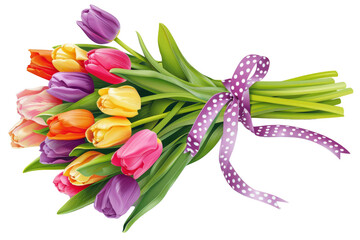 Whimsical wedding bouquet of mixed tulips in bright colors, bound with a polka-dot ribbon, isolated on a white background. © PNG and Green Video