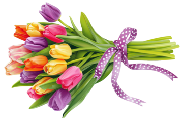 Whimsical wedding bouquet of mixed tulips in bright colors, bound with a polka-dot ribbon, isolated on a white background.
