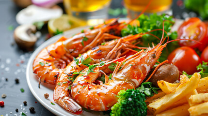 Grilled shrimp with spices, salad and vegetables on a plate and beer.