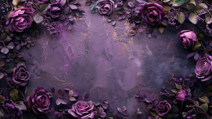 A beautiful arrangement of purple roses and leaves on a deep purple background