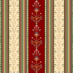 Indian ethnic tribal fabric patterns featuring traditional Indian floral designs in a white tone, contrasted with ethnic of red, and green. These patterns ethnic highlight the rich cultural craftsmans
