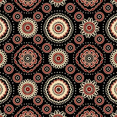 Indian ethnic tribal fabric patterns, featuring a striking red mandala design set ethnic a classic black background. This pattern exemplifies the ethnic elegance and artistry of traditional Indian art