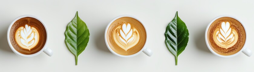 Aesthetic coffee cups with latte art and green leaves on a light background, showcasing a cozy and inviting coffee atmosphere.