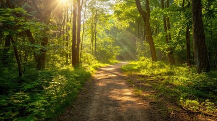Obraz premium A path through a forest with sunlight shining through the trees