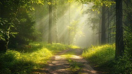 Obraz premium A forest path is illuminated by the sun, creating a peaceful