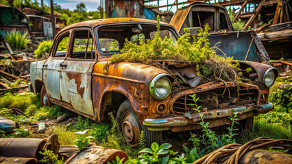 Rusty old vehicle, crushed beyond recognition, lies amidst scrap metal and overgrown weeds in a neglected junkyard, a testament to forgotten memories and decay.