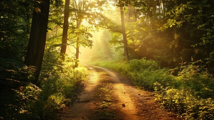 Naklejka premium A forest path is illuminated by the sun, creating a peaceful