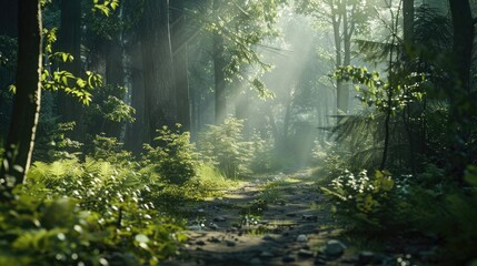 Obraz premium A forest path with sunlight shining through the trees